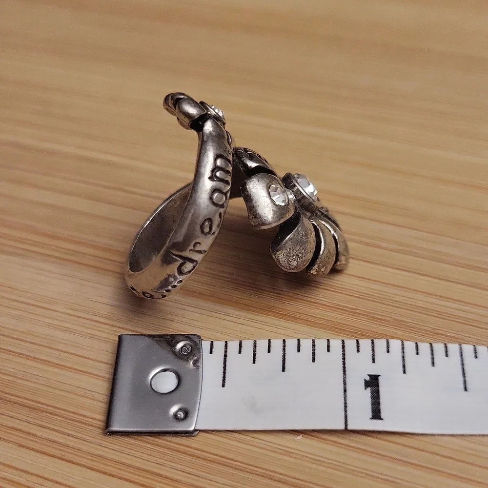 Beautiful Pewter Double Flower Rhinestone Adjustable Ring
